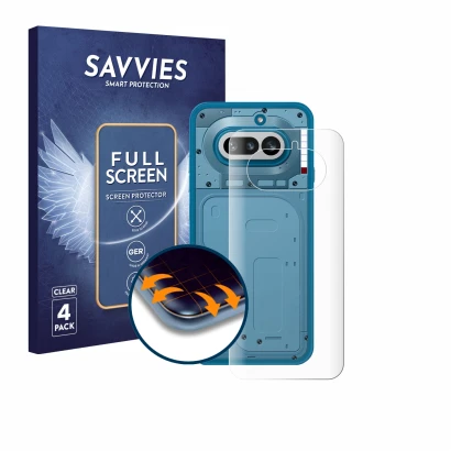 Front side of a product packaging with the brand logo Savvies. Next to it is the device Nothing Phone (4a) (Back) shown with t