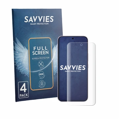 Front side of a product packaging with the brand logo Savvies. Next to it is the device Vivo V70 FE shown with the correspondi
