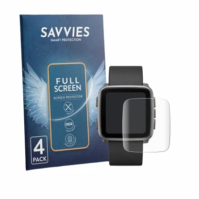 Front side of a product packaging with the brand logo Savvies. Next to it is the device Pebble Time 2 2026 shown with the corr