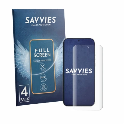 Front side of a product packaging with the brand logo Savvies. Next to it is the device Xiaomi Leica Leitzphone shown with the
