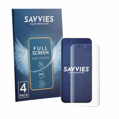 Front side of a product packaging with the brand logo Savvies. Next to it is the device Xiaomi Redmi K90 Max shown with the co