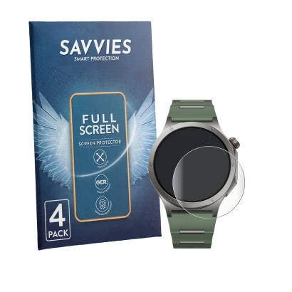 Front side of a product packaging with the brand logo Savvies. Next to it is the device OnePlus Watch 4 shown with the corresp