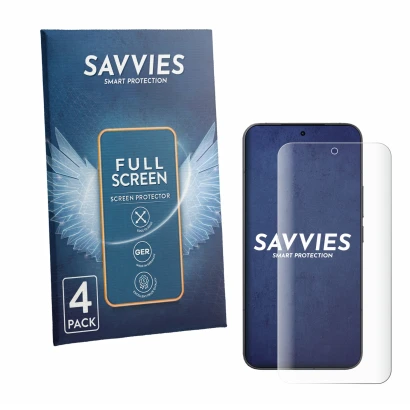Front side of a product packaging with the brand logo Savvies. Next to it is the device Xiaomi 17T Pro shown with the correspo
