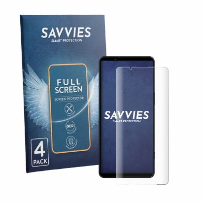 Front side of a product packaging with the brand logo Savvies. Next to it is the device Sony Xperia 1 VIII shown with the corr