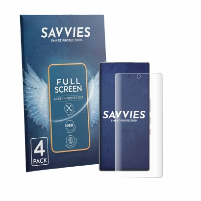 Front side of a product packaging with the brand logo Savvies. Next to it is the device ZTE Nubia Red Magic 11S Pro shown with
