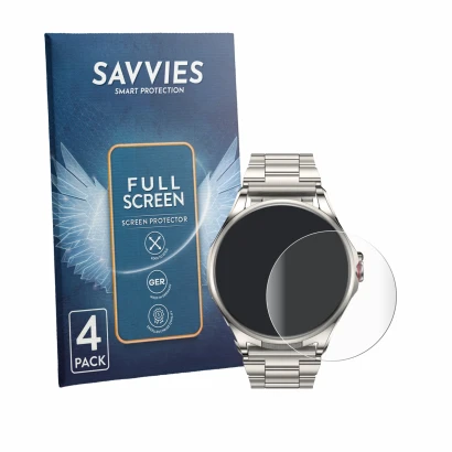 Front side of a product packaging with the brand logo Savvies. Next to it is the device Huawei Watch Buds 2 shown with the cor