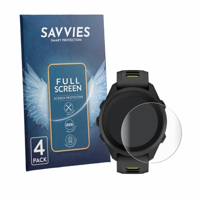 Front side of a product packaging with the brand logo Savvies. Next to it is the device Garmin Forerunner 170 shown with the c
