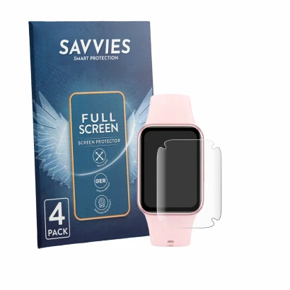 Front side of a product packaging with the brand logo Savvies. Next to it is the device Xiaomi Smart Band 10 Pro shown with th