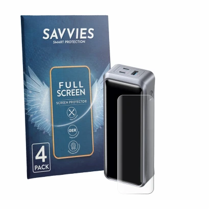 Front side of a product packaging with the brand logo Savvies. Next to it is the device Anker Prime A110A 300W shown with the 
