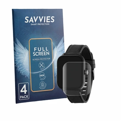 Front side of a product packaging with the brand logo Savvies. Next to it is the device Reflex Active Venture 400 S AMOLED sho
