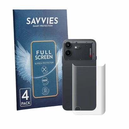 Front side of a product packaging with the brand logo Savvies. Next to it is the device Nothing Phone (4b) (Back) shown with t