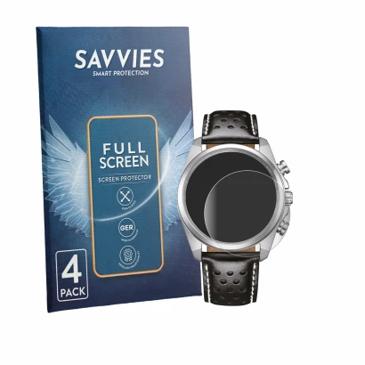 Front side of a product packaging with the brand logo Savvies. Next to it is the device Citizen CA4640-09A shown with the corr