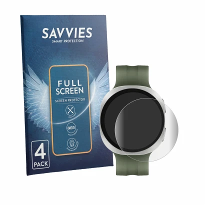 Front side of a product packaging with the brand logo Savvies. Next to it is the device Samsung Galaxy Watch 9 (40 mm) shown w