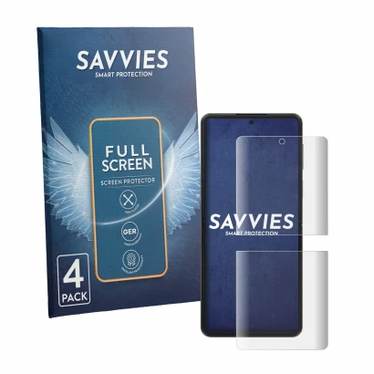 Front side of a product packaging with the brand logo Savvies. Next to it is the device Samsung Galaxy Z Flip 8 shown with the