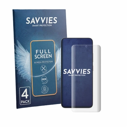 Front side of a product packaging with the brand logo Savvies. Next to it is the device ZTE Blade V80 Max shown with the corre