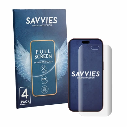 Front side of a product packaging with the brand logo Savvies. Next to it is the device Apple iPhone 18 Pro shown with the cor