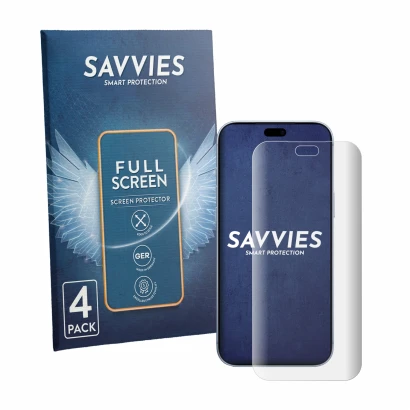 Front side of a product packaging with the brand logo Savvies. Next to it is the device Apple iPhone 18 Pro Max shown with the