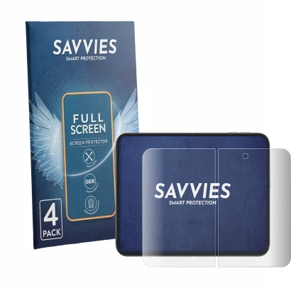 Front side of a product packaging with the brand logo Savvies. Next to it is the device Apple iPhone Duo (Inner display) shown