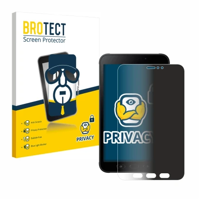 Front side of a product packaging with the brand logo BROTECT. Next to it is the device Samsung Galaxy Tab Active 2 shown with