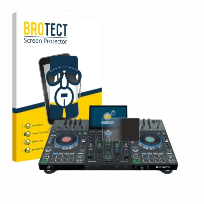 Front side of a product packaging with the brand logo BROTECT. Next to it is the device Denon DJ Prime 4 shown with the corres