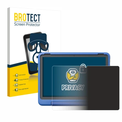 Front side of a product packaging with the brand logo BROTECT. Next to it is the device Amazon Fire HD 10 Kids Pro 2023 shown 