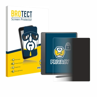 Front side of a product packaging with the brand logo BROTECT. Next to it is the device Amazon Kindle Scribe 2024 shown with t