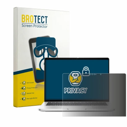 Front side of a product packaging with the brand logo BROTECT. Next to it is the device Dell Pro 13 Plus 2-in-1 shown with the