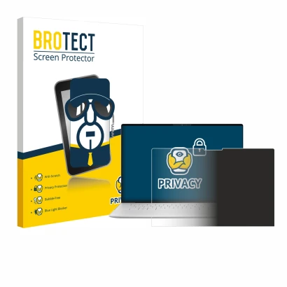 Front side of a product packaging with the brand logo BROTECT. Next to it is the device Dell XPS 13 9350 2024 shown with the c