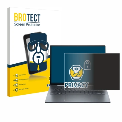 Front side of a product packaging with the brand logo BROTECT. Next to it is the device HP Dragonfly 13.5" G4 Non-Touch shown 