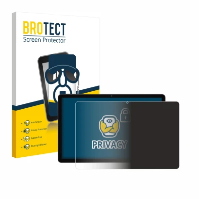 Front side of a product packaging with the brand logo BROTECT. Next to it is the device Doogee Tab A9 Pro+ shown with the corr