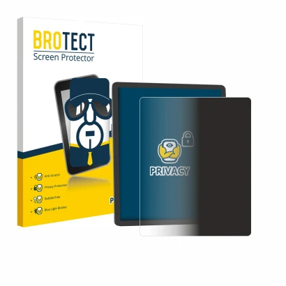 Front side of a product packaging with the brand logo BROTECT. Next to it is the device Amazon Kindle Scribe 2025 shown with t