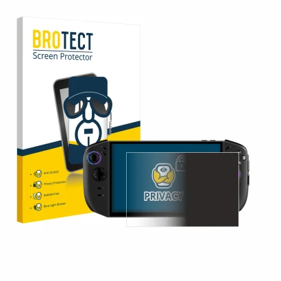 Front side of a product packaging with the brand logo BROTECT. Next to it is the device Lenovo Legion Go Gen 2 shown with the 