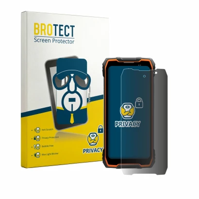 Front side of a product packaging with the brand logo BROTECT. Next to it is the device Blackview Rock 2 shown with the corres