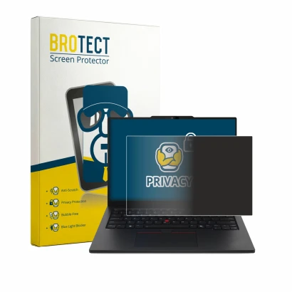 Front side of a product packaging with the brand logo BROTECT. Next to it is the device Lenovo ThinkPad L13 Gen 7 shown with t