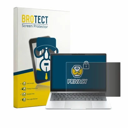 Front side of a product packaging with the brand logo BROTECT. Next to it is the device HP EliteBook 8 G1a 13" shown with the 