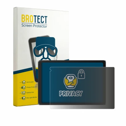 Front side of a product packaging with the brand logo BROTECT. Next to it is the device Laptok Tablet 10.1" shown with the cor