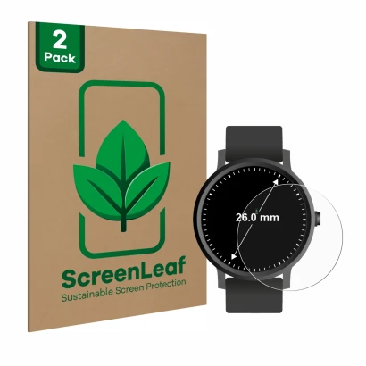 Front side of a product packaging with the brand logo ScreenLeaf. Next to it is the device Watches (Circular, ø: 26 mm) shown 