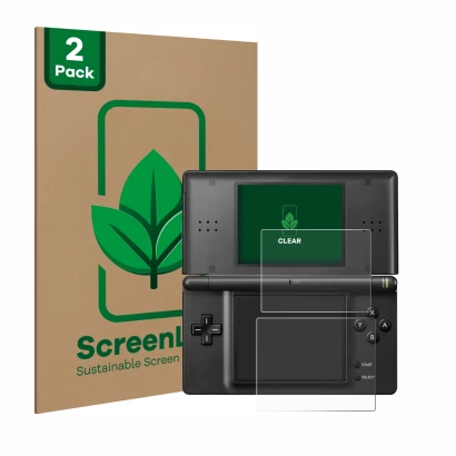 Front side of a product packaging with the brand logo ScreenLeaf. Next to it is the device Nintendo DS LITE shown with the cor