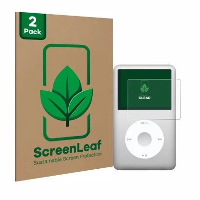 Front side of a product packaging with the brand logo ScreenLeaf. Next to it is the device Apple iPod classic 160 GB (7th Gen.