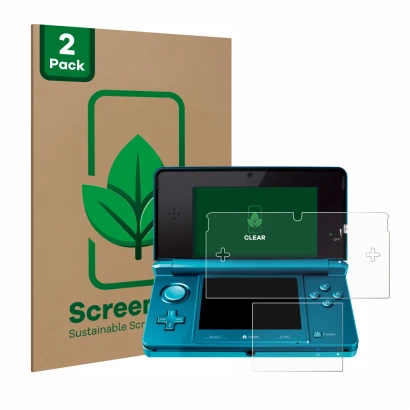 Front side of a product packaging with the brand logo ScreenLeaf. Next to it is the device Nintendo 3DS shown with the corresp