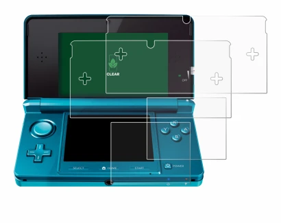 Image of the device Nintendo 3DS with a wide variety of screen protectors.