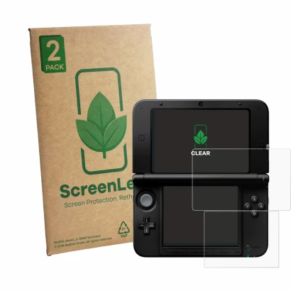 Front side of a product packaging with the brand logo ScreenLeaf. Next to it is the device Nintendo 3DS XL SPM7800 shown with 