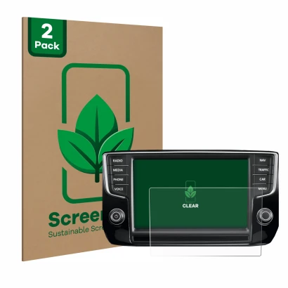 Front side of a product packaging with the brand logo ScreenLeaf. Next to it is the device Volkswagen Passat 2015 Discover Pro