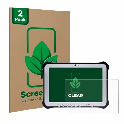 Front side of a product packaging with the brand logo ScreenLeaf. Next to it is the device Panasonic Toughpad FZ-G1 shown with