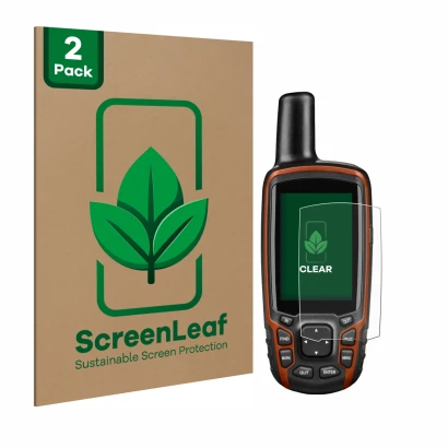 Front side of a product packaging with the brand logo ScreenLeaf. Next to it is the device Garmin GPSMAP 64s shown with the co