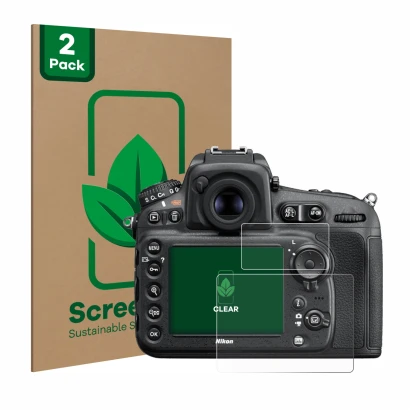 Front side of a product packaging with the brand logo ScreenLeaf. Next to it is the device Nikon D810 shown with the correspon