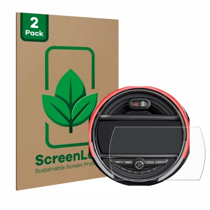 Front side of a product packaging with the brand logo ScreenLeaf. Next to it is the device Mini Cooper R56 (6.5") shown with t