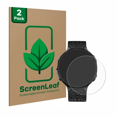 Front side of a product packaging with the brand logo ScreenLeaf. Next to it is the device Garmin Forerunner 235 shown with th
