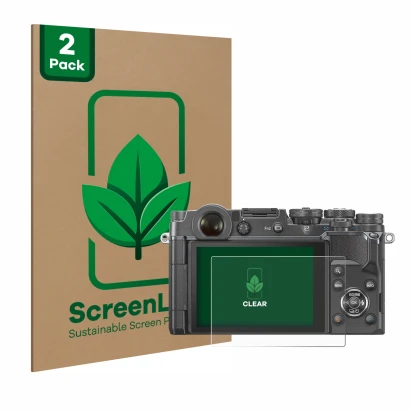 Front side of a product packaging with the brand logo ScreenLeaf. Next to it is the device Olympus PEN-F shown with the corres