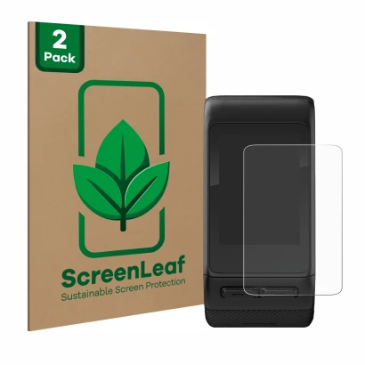Front side of a product packaging with the brand logo ScreenLeaf. Next to it is the device Garmin vivoactive HR shown with the